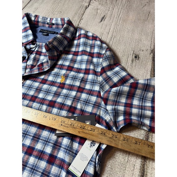 U.S. Polo Assn. Button Down Shirt Mens 2XL White Red Blue Plaid Stretch - Picture 6 of 9